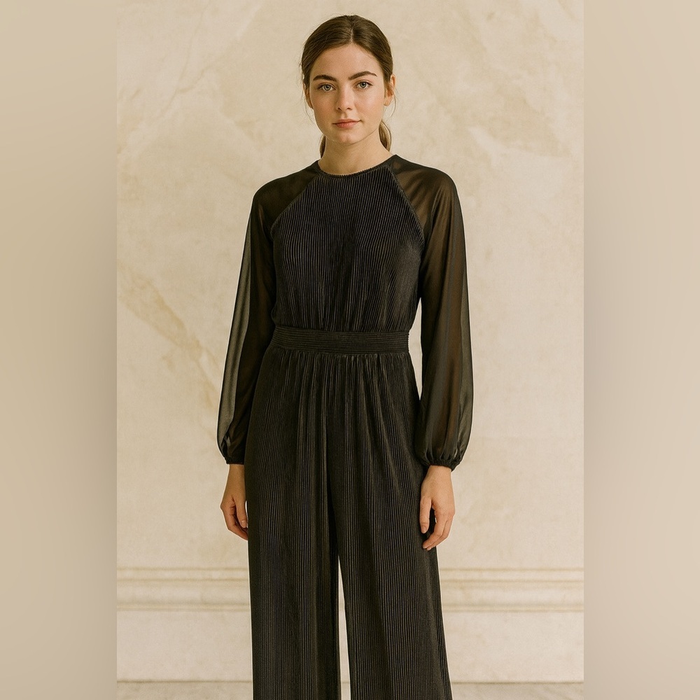 Cato Plisse Jumpsuit Wide Leg Plisse Sheer High Neck Midnight Black Size…​